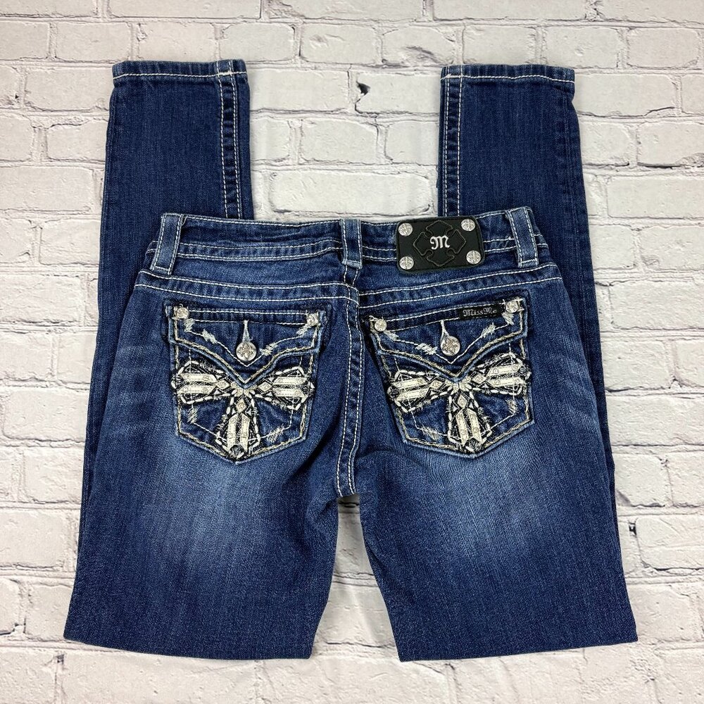 Miss Me Skinny Jeans Crystal Rhinestone Embellished Cross Back Pockets Dark Wash